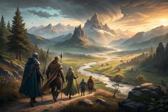 Group of fantasy adventurers overlooking vast mountain valley and river at sunrise, epic journey landscape scene. g.