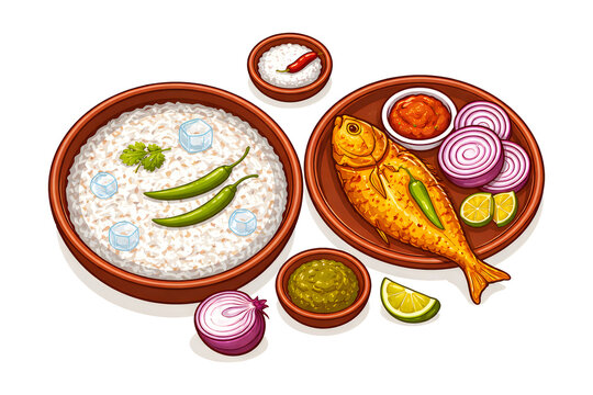 Traditional Bengali Panta Bhat with Fried Fish and Side Dishes Illustration