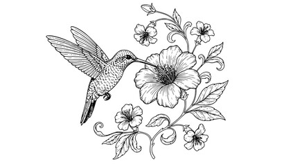 Obraz premium Hummingbird Coloring Page Vintage Engraving Style Floral Art Therapy Romantic Vector Illustration