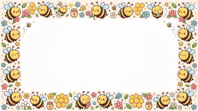 cute kawaii bee border on white background