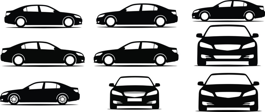 Collection of nine black car silhouettes in various angles and views