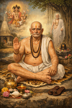 This spiritual artwork beautifully depicts Swami Samarth seated in a serene natural setting, radiating divine calm and authority.