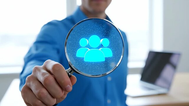 People Focused Team Search Through Magnifying Glass in Office Scene Showing Group Analysis and Collaboration