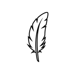 Obraz premium A delicate feather is rendered in a simple black outline style, positioned vertically against a clean, empty white background for graphic use.
