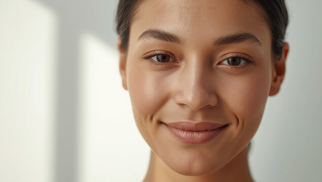 Smiling young woman with neutral makeup and soft natural light