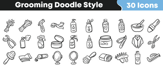 Naklejka premium Collection of thirty hand drawn black and white doodle style icons representing various personal grooming and beauty products.