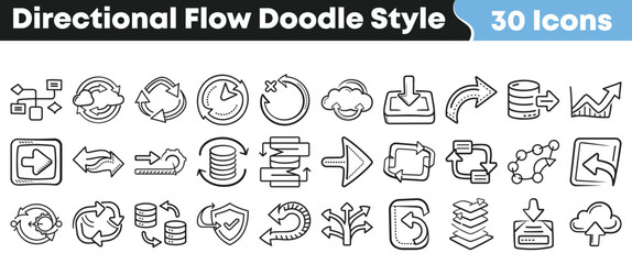 Collection of thirty hand drawn directional flow icons depicting various processes like synchronization data transfer and circular updates