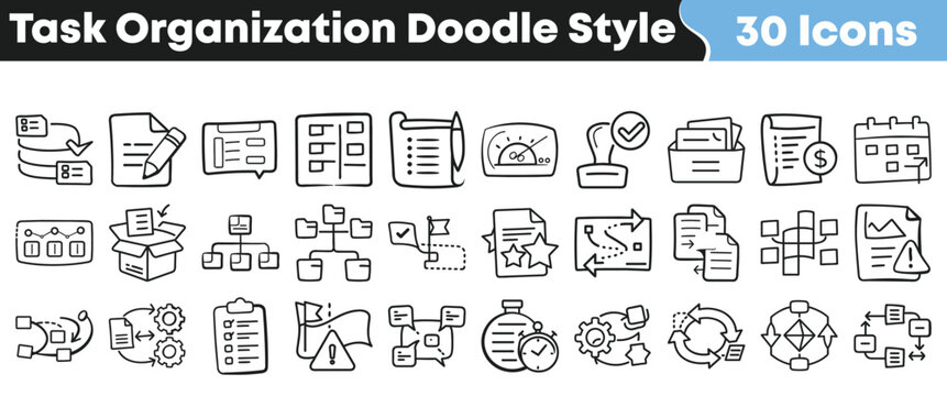 Thirty hand drawn doodle style icons illustrating task organization workflow management processes and planning concepts