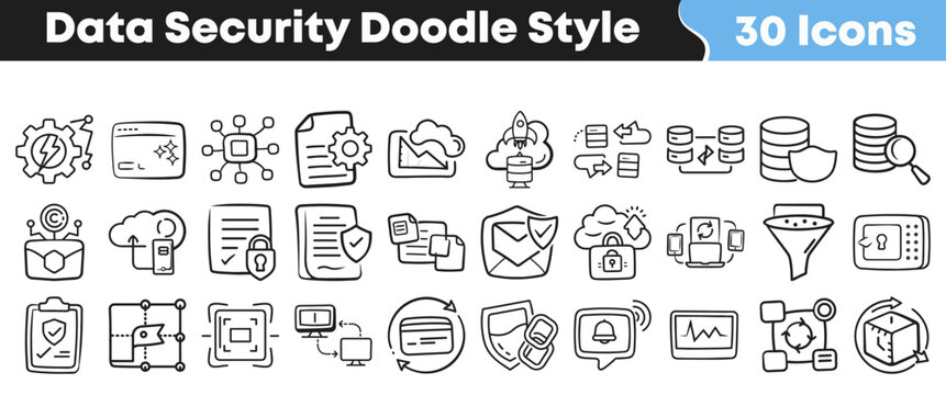 Collection of thirty unique doodle style icons representing various concepts related to digital data security and protection measures