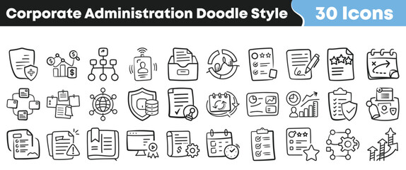 Obraz premium This comprehensive collection of thirty hand-drawn corporate administration icons in a unique doodle style is perfect for business presentations.