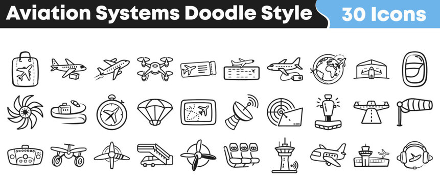 Thirty charming hand drawn doodle style icons representing various essential aviation systems and transportation concepts effectively.