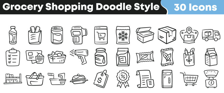 Discover a delightful collection of 30 hand-drawn grocery shopping and delivery icons designed in a playful doodle style.