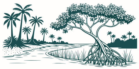 Serene tropical mangrove coastline scene with palm trees and lush vegetation in a flat vector illustration style, ideal for eco-friendly and travel designs. © Shahin