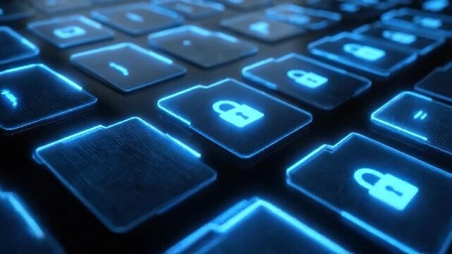 Digital security concept: Close-up shot of illuminated folder icons featuring lock symbols on a digital interface.