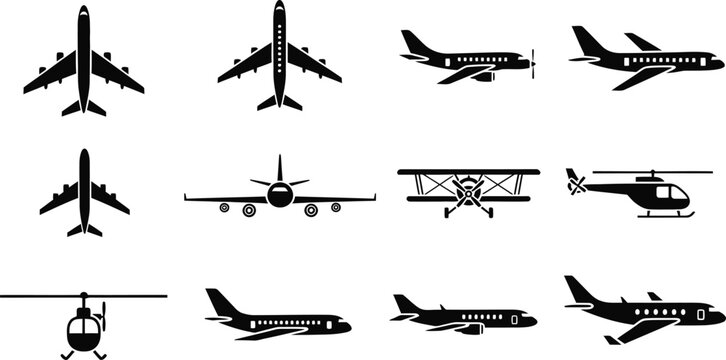 Collection of various aircraft silhouettes including planes and helicopters