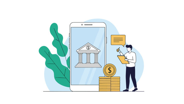 Concept of mobile banking showing a smartphone with a bank icon alongside a person taking notes and stacks of golden coins.