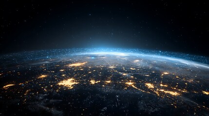 Obraz premium Global Earth Network Connection at Night: Blue Light Grid Overlaying City Lights and Stars, Representing Internet, Metaverse, and Digital World Connectivity