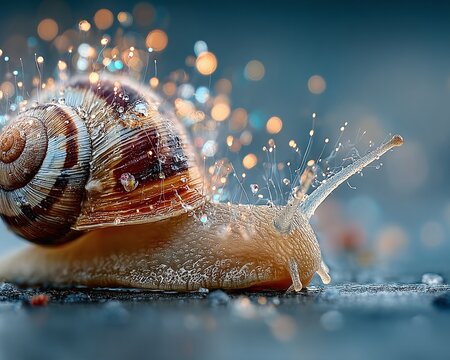 A snail moves slowly on a wet surface with sparkling droplets around it.