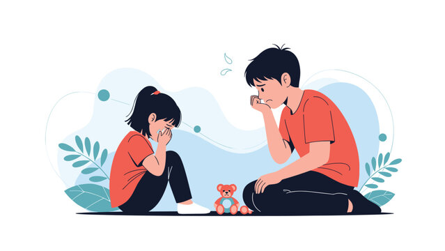 Two young siblings looking sad and crying while sitting on the floor next to a broken teddy bear in a simple room setting.