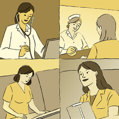 Set of flat vector illustrations depicting female medical professionals in various healthcare settings, performing ultrasound scans, consulting patients, and managing administrative clinic ... See Mor © Aoun