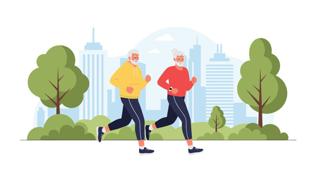 Active elderly man and woman jogging together in a park with a modern city skyline and green trees in the background.