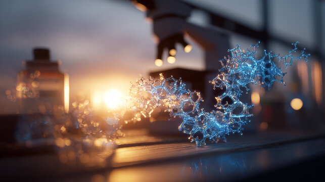 Abstract molecular structure model glowing in blue on a laboratory desk with microscope background in sunset light