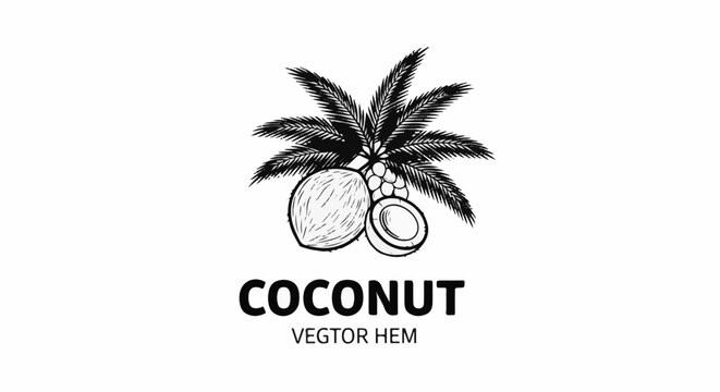A black and white hand-drawn illustration of a whole coconut, a halved coconut, and a cluster of small coconuts under palm leaves