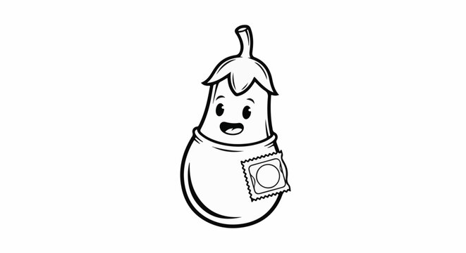 Cartoon eggplant character wearing a condom