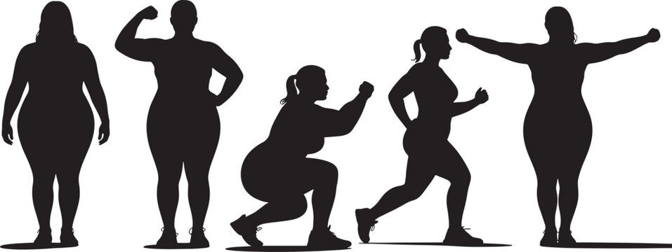 Group of women in silhouette demonstrating various fitness poses, weight loss journey