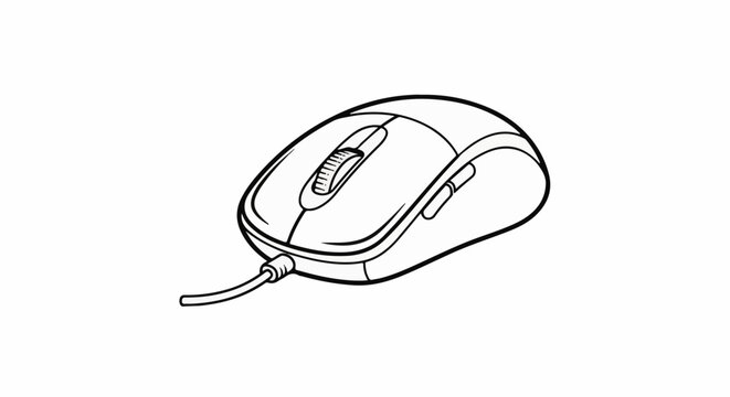 A black and white line drawing of a computer mouse with a cord
