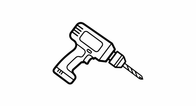 A black and white line drawing of a cordless power drill with a bit