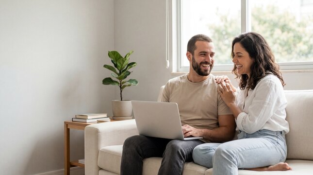 A happy young couple sitting on a white sofa in a bright living room, laughing while looking at a laptop together, showcasing a modern domestic lifestyle and digital connectivity at home