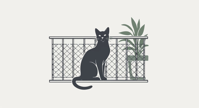 A stylized black cat sits on a ledge in front of a trellis with a plant