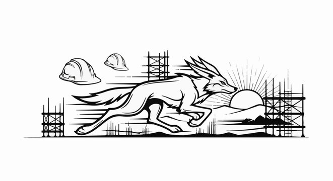 A stylized canine runs past construction sites under a rising sun