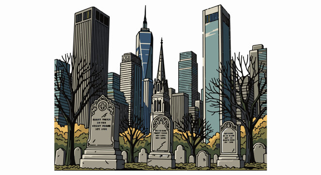 A city skyline with tombstones and bare trees in autumn