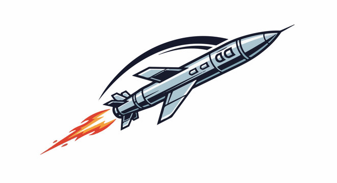 A stylized silver rocket streaks upward with fiery exhaust and a black arc