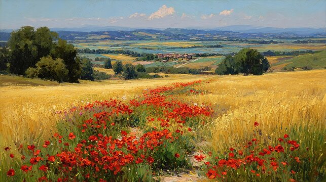 Vibrant red poppy field oil painting blue sky rolling hills village in distance soft light detailed brushwork tranquility landscape vintage