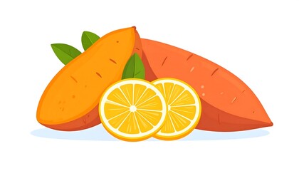 Illustration of healthy orange root vegetables, alongside sliced yellow citrus fruit and some green leaves © rrohim