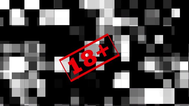 Abstract mosaic blur censored animation with 18+ text for privacy restricted content overlay. 4K Video