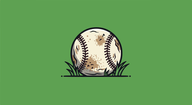 A worn baseball rests on green grass, ready for a game