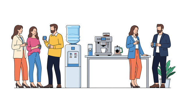 Coworkers taking a coffee break in the office near a water cooler and coffee machine, chatting and socializing during work hours.