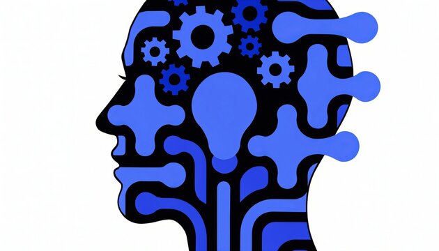 Single human head silhouette with internal icons like gears, lightbulb, and puzzle pieces, representing critical thinking, cognitive process and problem-solving concept