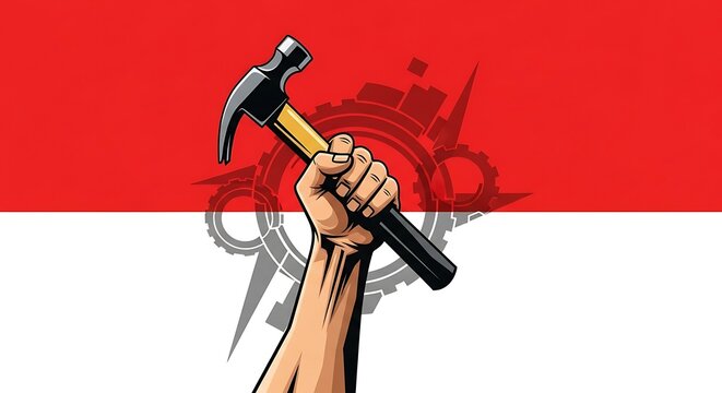 Hand holding hammer in front of Indonesian flag with gear logo