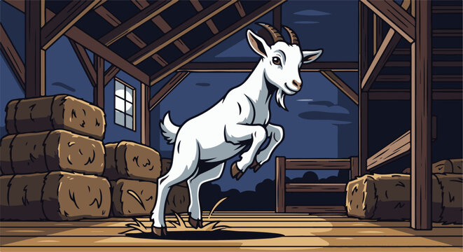 A lively white goat leaps joyfully inside a rustic barn at dusk