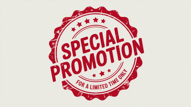 A textured red rubber stamp style graphic proudly announces a special promotion for a limited time only isolated on a clean light background for busin
