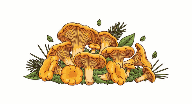 A vibrant illustration of a cluster of bright orange chanterelle mushrooms
