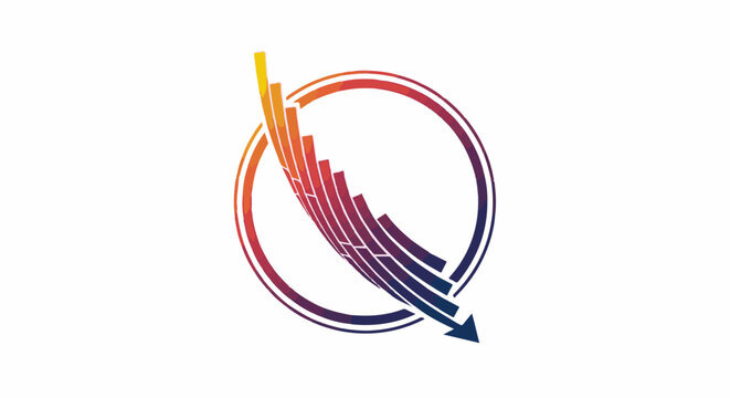 Abstract circular graph with downward trending bars and an arrow