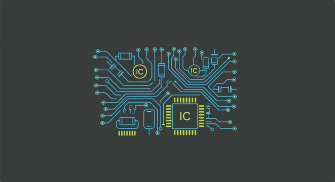 Abstract digital circuit board illustration with blue traces and yellow ICs