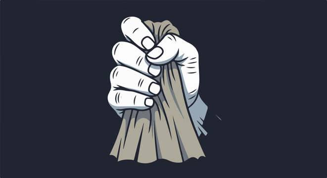 A white-knuckled hand grips a wad of beige fabric against a dark background