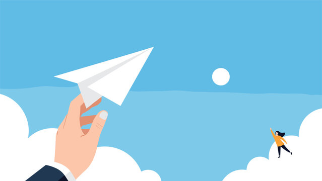 Hand holding a white paper plane in a bright blue sky with clouds and a small person reaching for it from below.